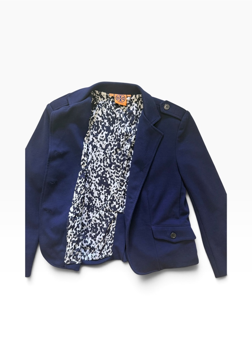 Tory Burch Navy Stretch Knit Military Blazer Jacket XS Printed Lining Epaulets - Picture 5 of 11